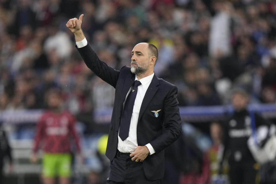 Lazio's head coach Igor Tudor gives instructions during the Serie A soccer match between Lazio and Juventus at Rome's Olympic Stadium, Saturday, March 30, 2024. (AP Photo/Andrew Medichini)