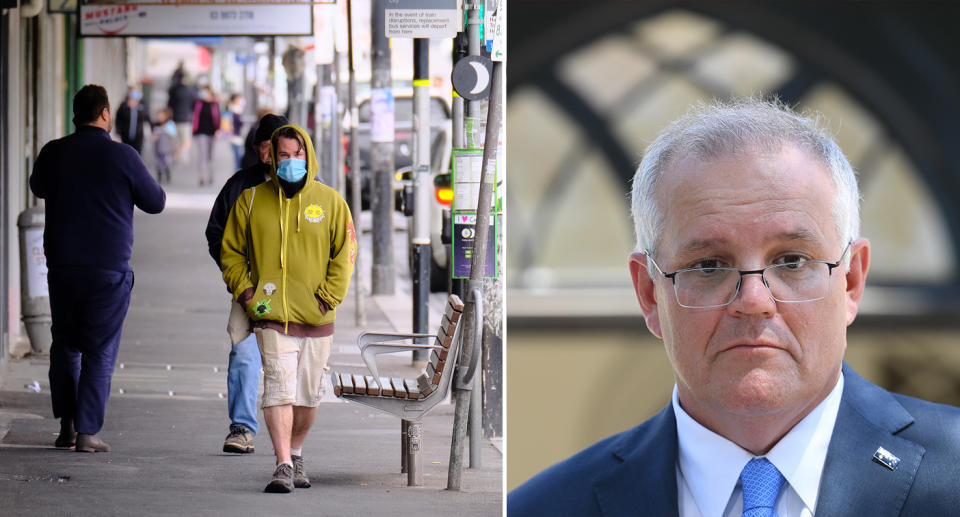 Melburnians seen walking around in masks. Right is Scott Morrison.