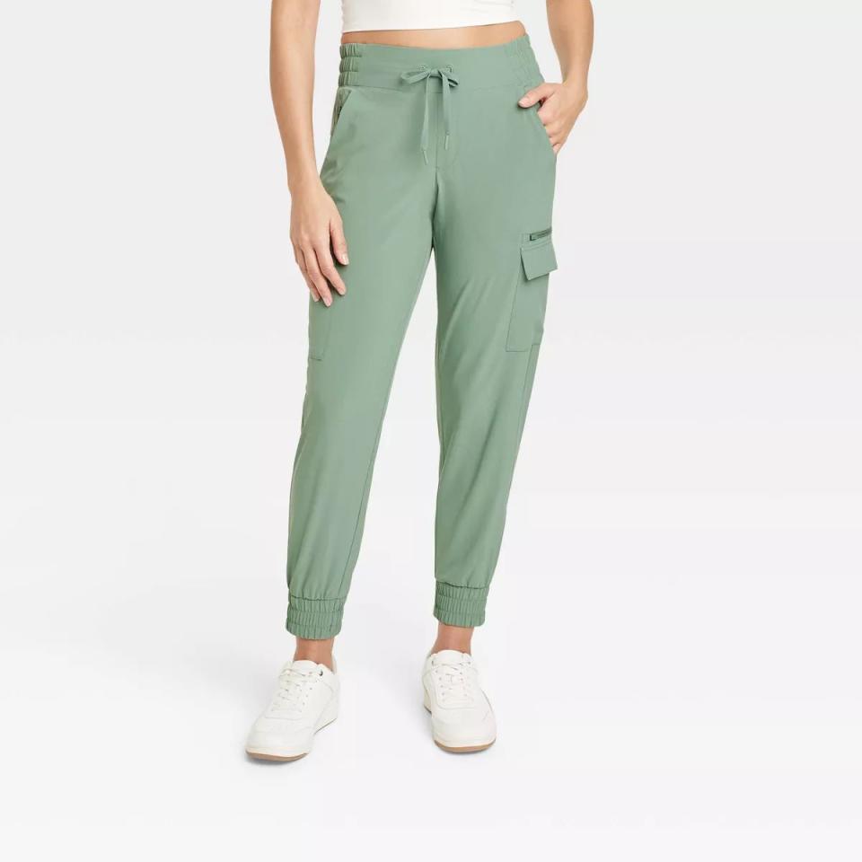 Model wearing the green pants