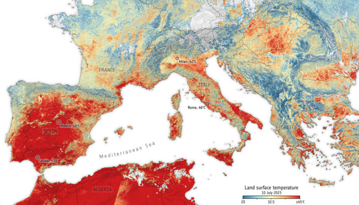The current heat wave is concentrated in Southern Europe (European Space Agency)