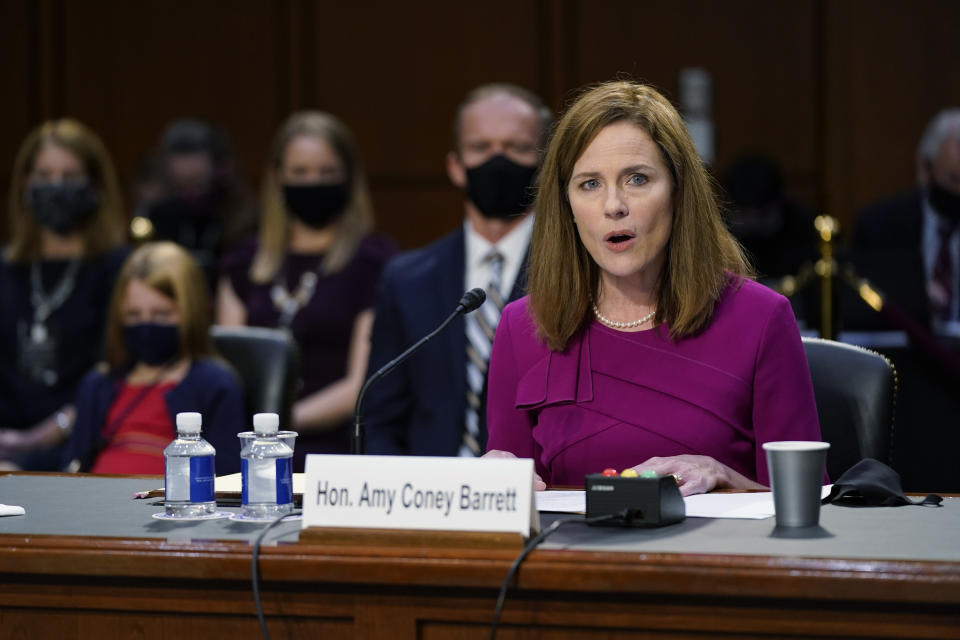 Supreme Court nominee Amy Coney Barrett speaks during a confirmation hearing before the Senate Judiciary Committee, Monday, Oct. 12, 2020, on Capitol Hill in Washington. (AP Photo/Patrick Semansky, Pool)