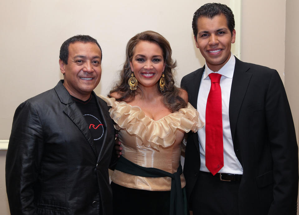 MEXICO CITY - MARCH 23: (L-R) Singer Carlos Cuevas, Aida Cuevas and her son Rodrigo Cuevas pose backstage at Sanborns Centro Historico on March 23, 2010 in Mexico City, Mexico.  (Photo by Victor Chavez/WireImage)