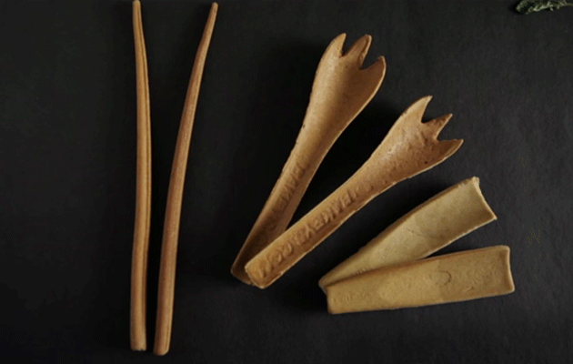 Bakeys hopes to replace plastic and wooden cutlery and bamboo chopsticks with nutritious edible alternatives. Photo: YouTube