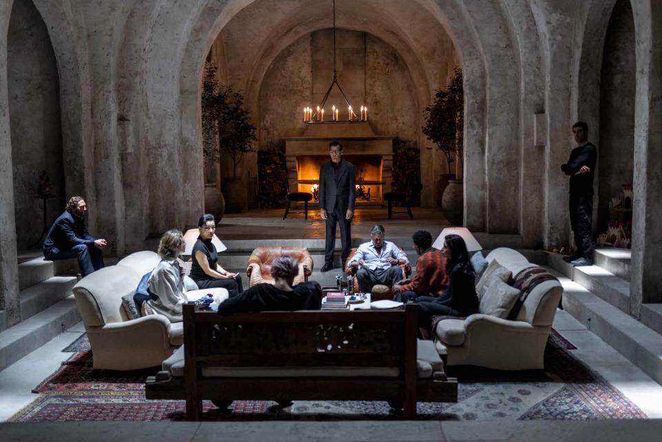 “A Murder at the End of the World” -- “Chapter 7: Retreat” (airs December 19th) Pictured: (l-r) Daniel Olson as Tomas, Brit Marling as Lee Andersen, Joan Chen as Lu Mei, Clive Owen as Andy Ronson, Raul Esparza as David,  Jermaine Fowler as Martin, Pegah Ferydoni as Ziba. CR: Chris Saunders/FX