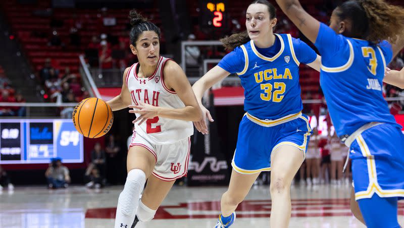Utah guard, Inês Vieira drives during a game against the UCLA Bruins at the Huntsman Center in Salt Lake City on Jan. 22, 2024. The Utes won during overtime 94-81.