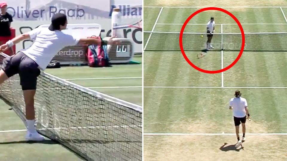 Stefanos Tsitsipas, pictured here hitting a bizarre winner at the Mallorca Championships.