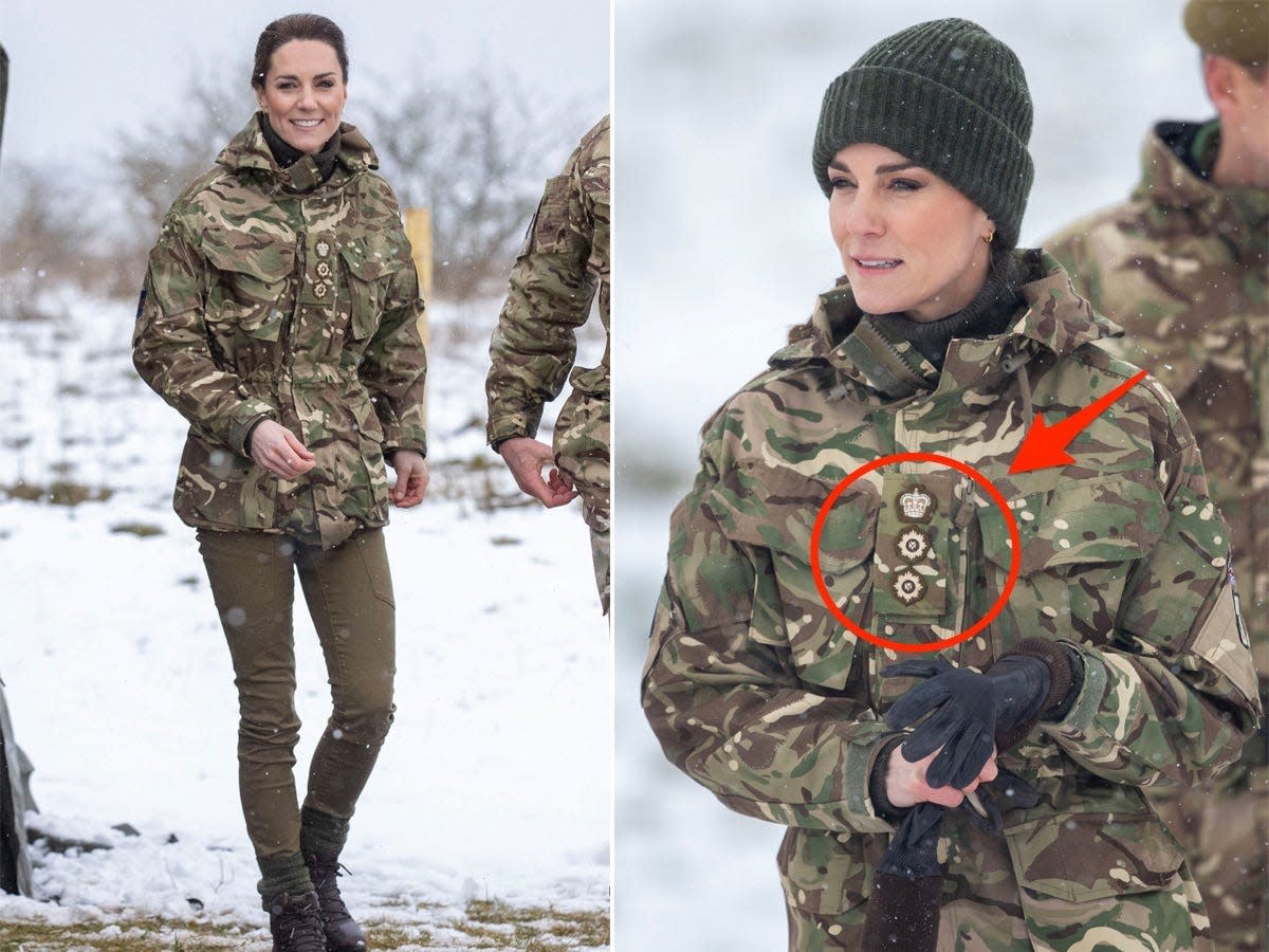 A side-by-side of Kate Middleton in camo in front of a snowy backdrop.