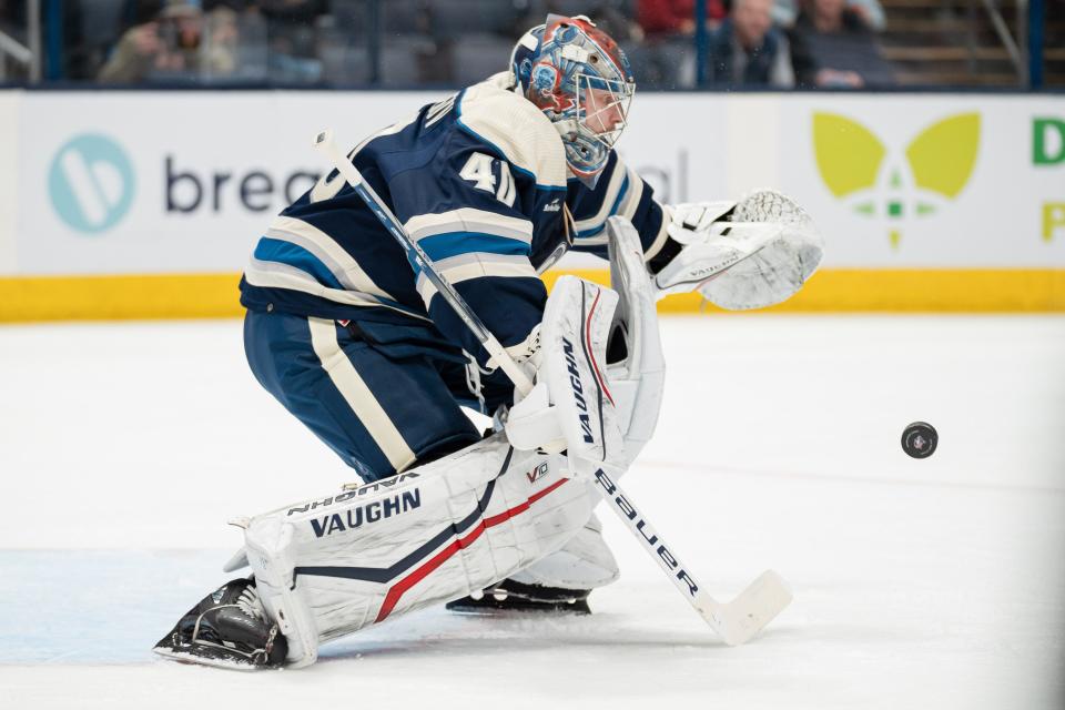 Dec 16, 2023; Columbus, Ohio, USA;
Columbus Blue Jackets goaltender Daniil Tarasov (40) stops the goal shot by the New Jersey Devils during the second period of their game on Saturday, Dec. 16, 2023 at Nationwide Arena.