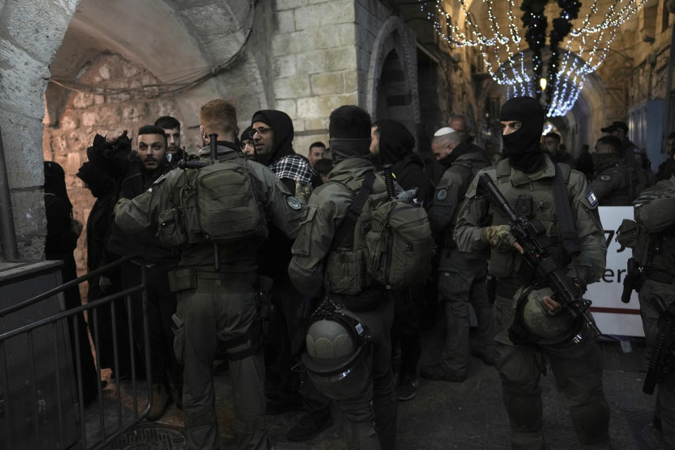 Israeli police deploy in the Old City of Jerusalem, hours after police raided the Al-Aqsa Mosque compound, Wednesday, April 5, 2023. (AP Photo/Mahmoud Illean)