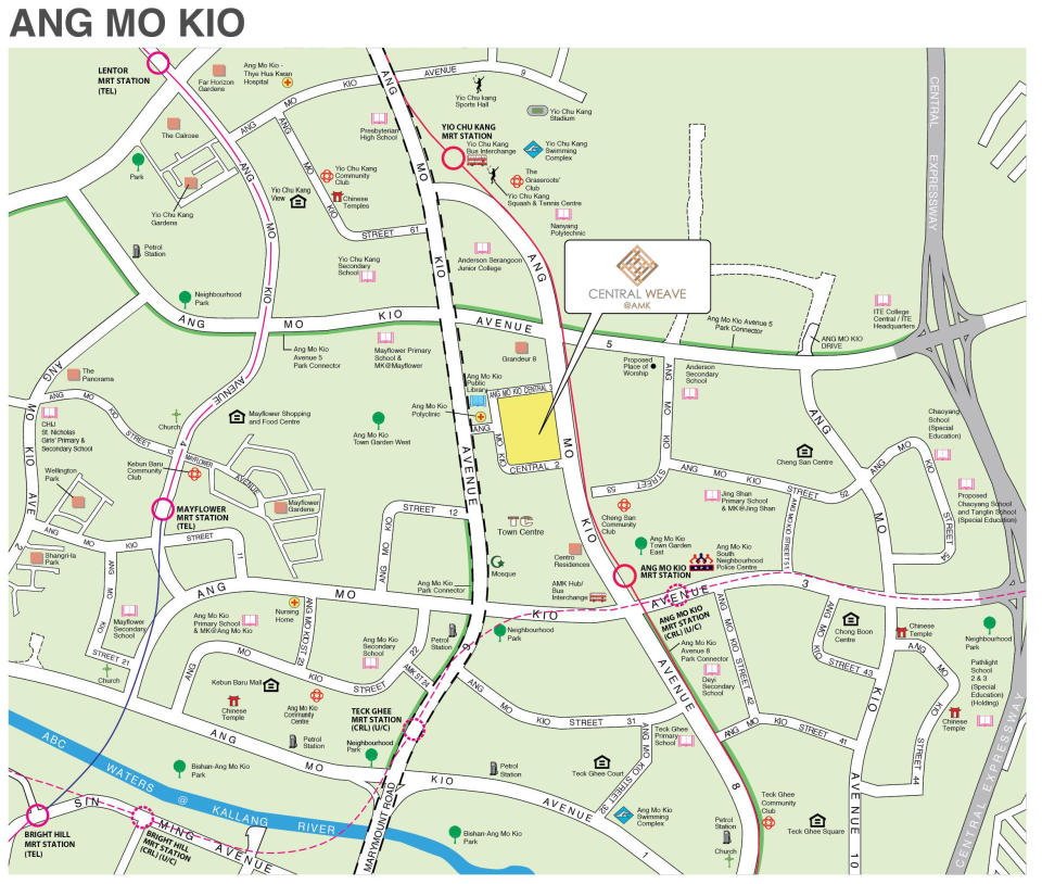 Location of Central Weave @ AMK Aug 2022 Ang Mo Kio BTO flats, bounded by Ang Mo Kio Avenue 8, Ang Mo Kio Central 2, and Ang Mo Kio Central 3. Source: HDB