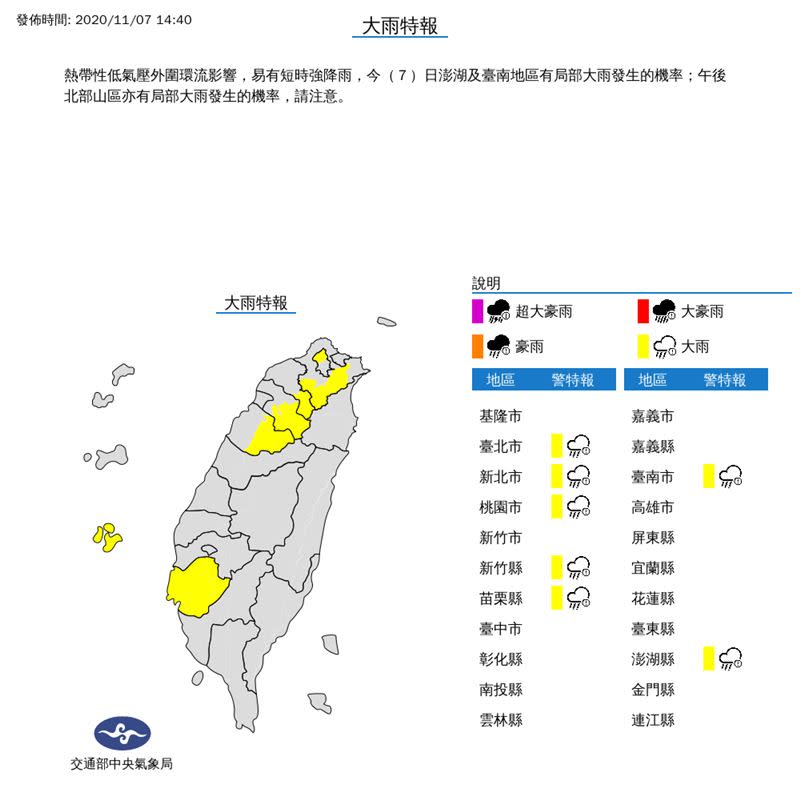中央氣象局對7縣市發布大雨特報。