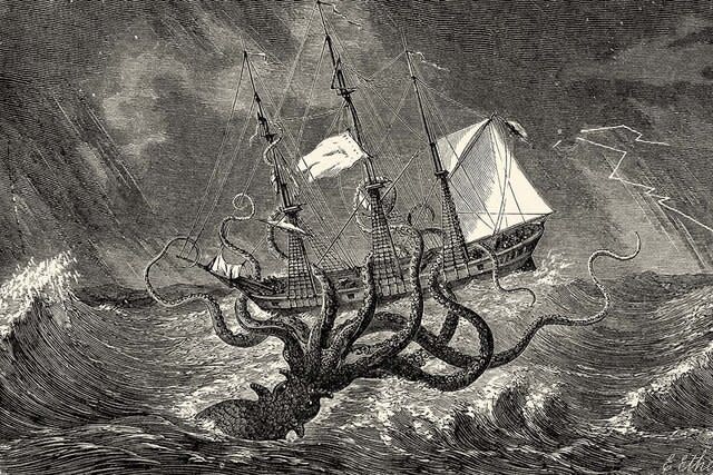 An illustration of a giant kraken monster taking down a ship