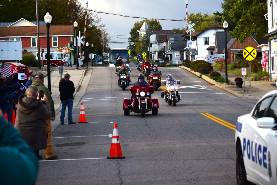 Members of Rolling Thunder motorcycle group escorted the veterans into Shreve from Triway High School for a welcome home ceremony Sunday evening.