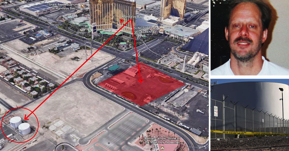 Stephen Paddock opened fire from his Las Vegas hotel room, with the red square showing the festival site where he killed 58 people. The circle represents the fuel tanks