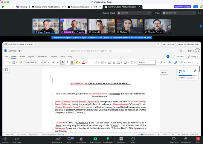 Zoom ProFeatures open with people editing a Word document together.