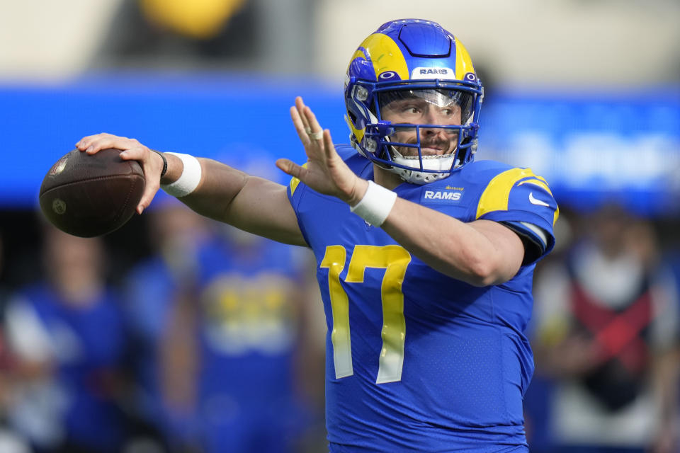 Los Angeles Rams quarterback Baker Mayfield passes during the first half of an NFL football game between the Los Angeles Rams and the Denver Broncos on Sunday, Dec. 25, 2022, in Inglewood, Calif. (AP Photo/Jae C. Hong)