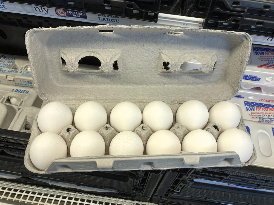 Shown are eggs at a grocery store in Roslyn, Pa., Tuesday, June 15, 2021. Wholesale prices, boosted by rising food costs, increased 0.8% in May, and are up by a record amount over the past year, another indication that inflation pressures are rising since the economy has begun to re-open following the pandemic lockdowns. (AP Photo/Matt Rourke)