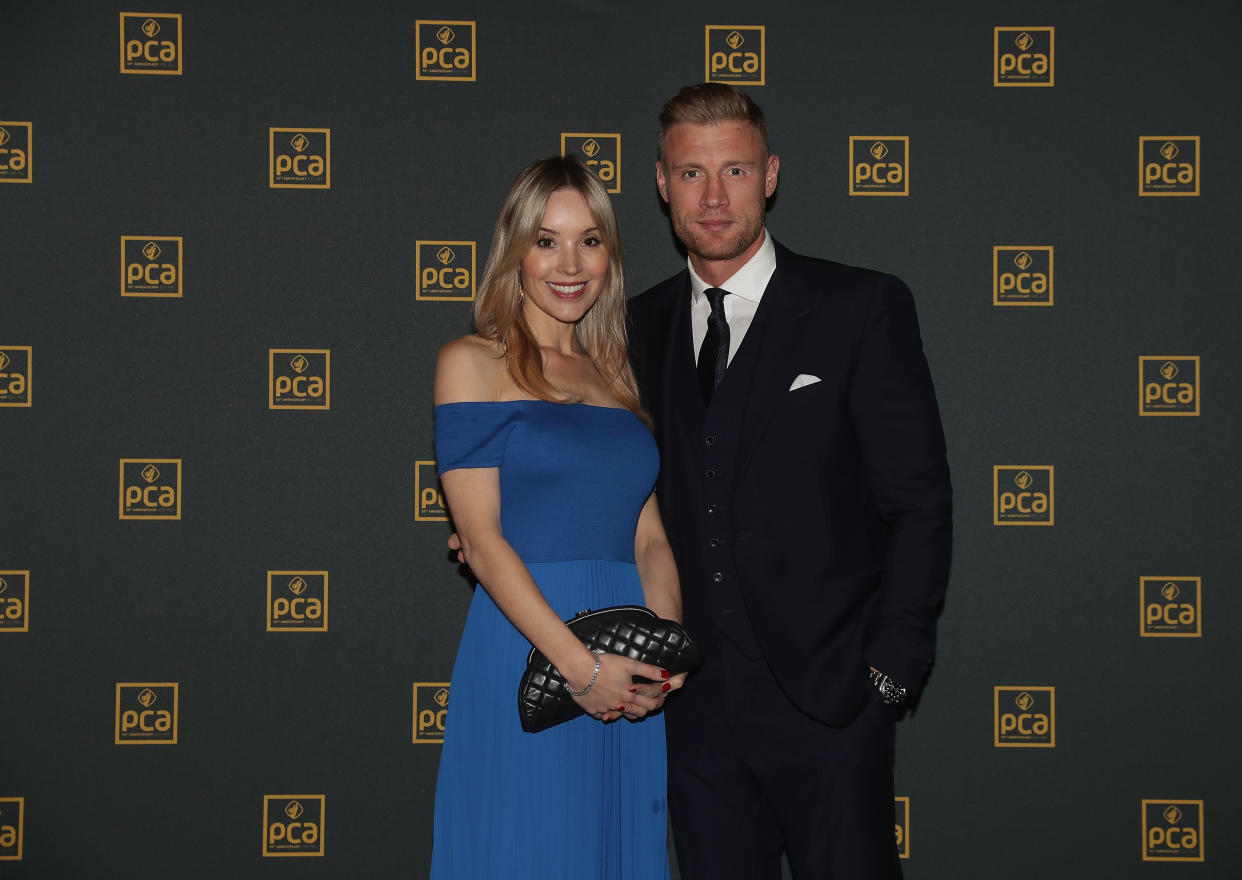 Rachael and Andrew Flintoff pose for the camera as the PCA Host 'An Evening with Freddie Flintoff and Friends' at The Roundhouse on November 29, 2017 in London, England.  (Photo by Christopher Lee/Getty Images)