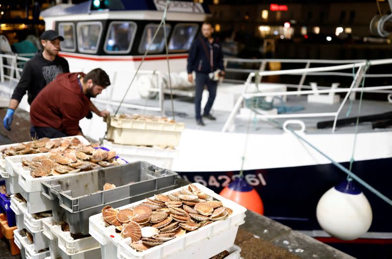 Fishermen unload box of scallops at the fishing port in Port-en-Bessin-Huppain