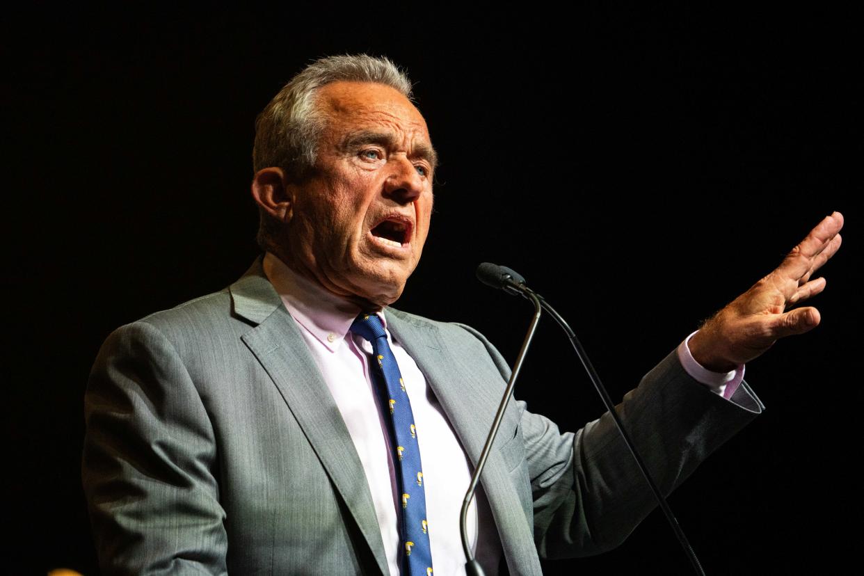 Independent presidential candidate Robert F. Kennedy Jr. speaks to the crowd during a campaign stop in West Des Moines Saturday, April 13, 2024, at Val Air Ballroom.