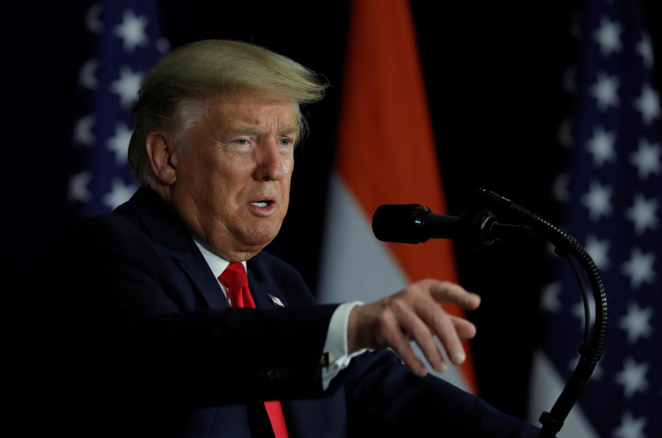 U.S. President Donald Trump speaks during a news conference in New Delhi, India, February 25, 2020. REUTERS/Al Drago