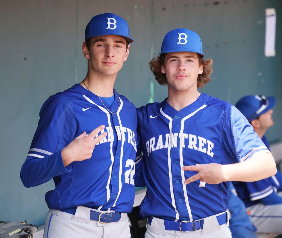 From left, Braintree's Anthony Carey and Ryan Jaehnig during a game versus Brockton on Friday, April 21, 2023. 