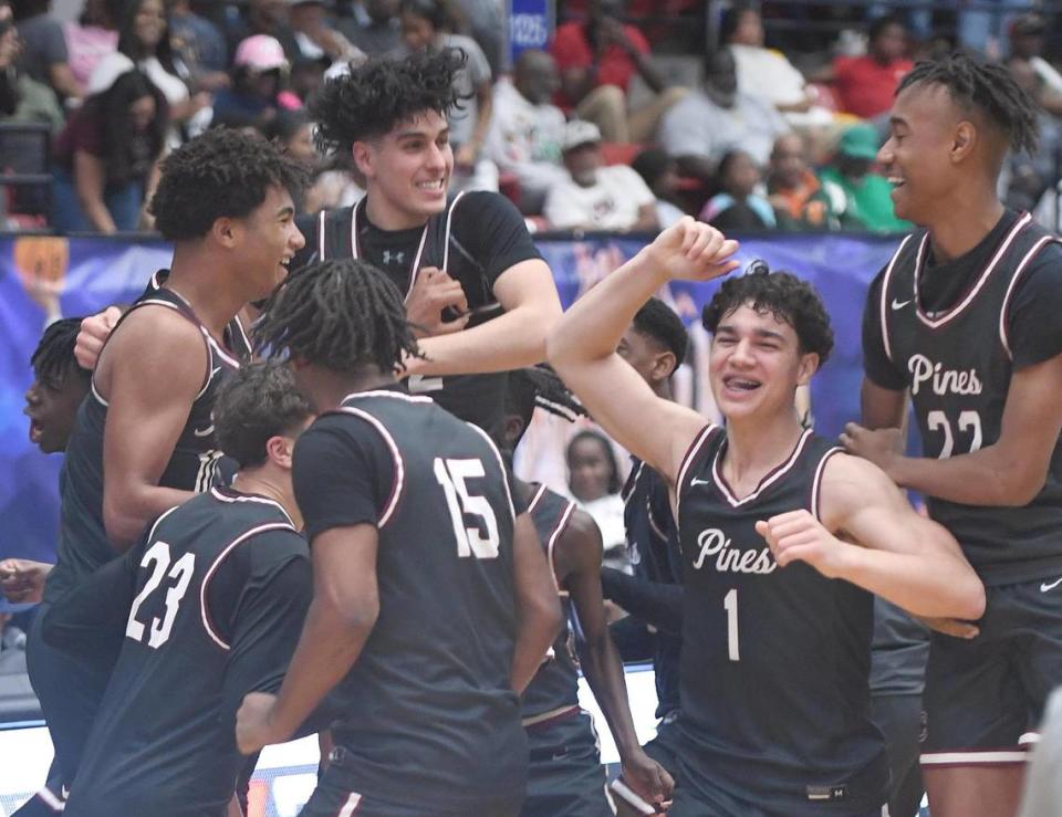 Pembroke Pines Charter players jump on each other after beating Edgewater in the Class 6A final during the Florida High School State Championships at the RP Funding Center in Lakeland, Fl on Friday March 8, 2024.