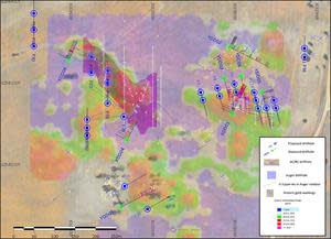 Blue dots show location of 29 RC drill holes proposed for the new RC drill program. Results will initially be analysed using XRFp to assist with drill program. The brown background is elevated lead values that correlate with gold mineralisation. Historic mines are shown as blue crosses.