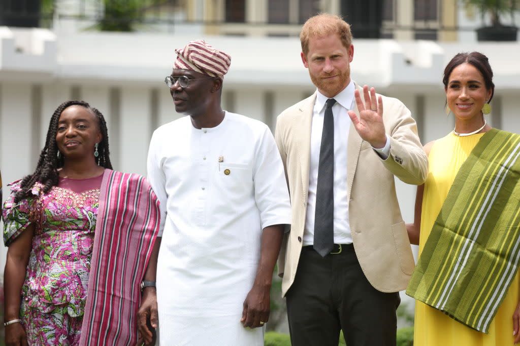 lagos state governor wife, ibijoke sanwo olu l, lagos state governor, babajide sanwo olu 2ndl, britains prince harry 2ndr, duke of sussex, and britains meghan r, duchess of sussex, pose for a photo at the state governor house in lagos on may 12, 2024 as they visit nigeria as part of celebrations of invictus games anniversary photo by kola sulaimon afp photo by kola sulaimonafp via getty images