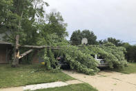 A tree fell across vehicles at a home in West Des Moines, Iowa, after a severe thunderstorm moved across Iowa on Monday Aug. 10, 2020, downing trees, power lines and damaging buildings. (AP Photo/David Pitt)