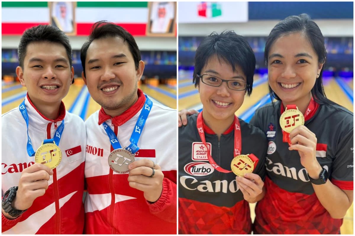 Singapore bowlers who have won medals at the 2023 IBF World Championships: (from) men's singles winner Darrell Ong and runner-up Jaris Goh, and women's doubles winners Cherie and Daphne Tan. (PHOTO: Singapore Bowling Federation)