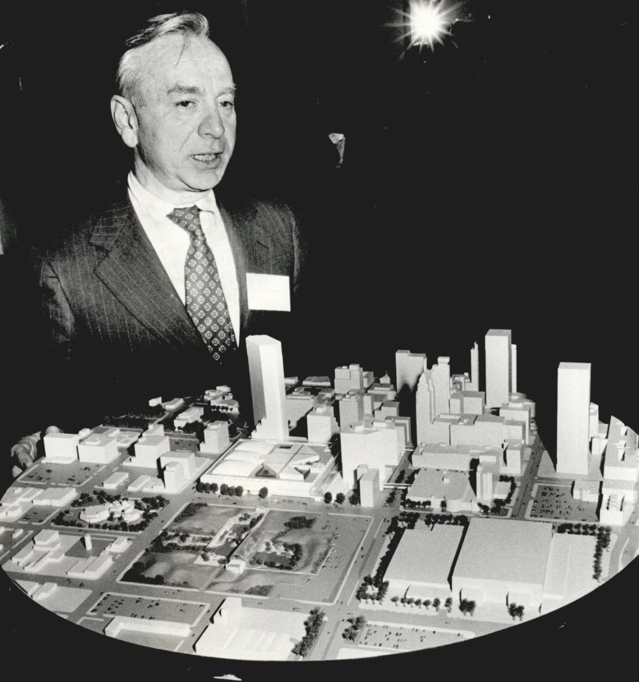 In this 1979 file photo, developer Vincent Carrozza shows a model of his proposed downtown Galleria project. [Paul B. Southerland/The Oklahoman File]