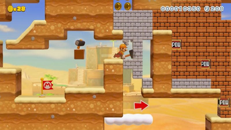 Builder Mario hammers through some blocks. 