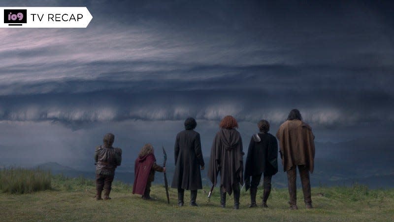 six of our heroes looking at a scary cloud
