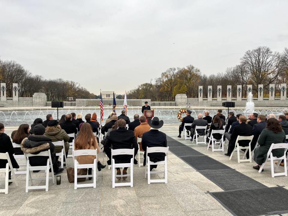 Former Sen. Pat Roberts pays tribute to Bob Dole at the World War II Memorial on Wednesday in Washington, D.C. Dole fought in World War II and helped raise money for the creation of the memorial.