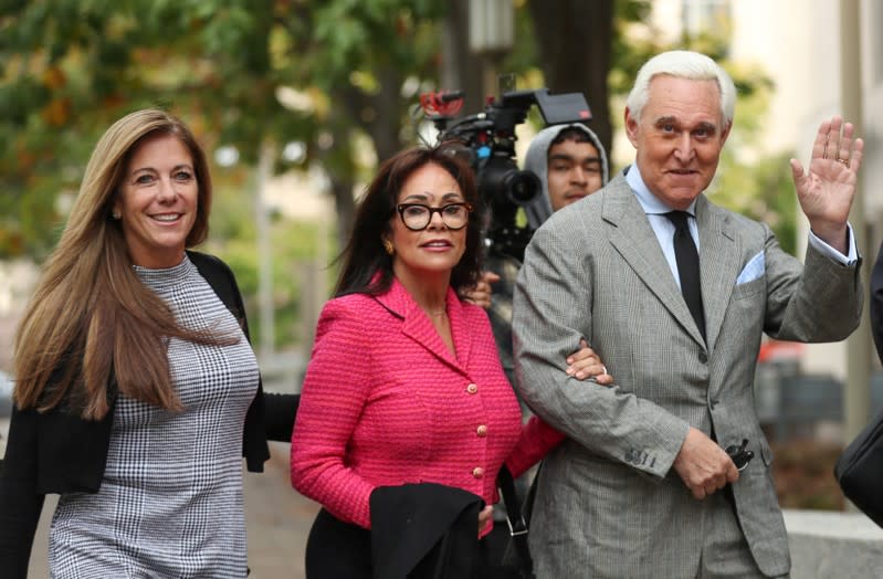 Roger Stone, former campaign aide to U.S. President Donald Trump arrives with his wife and daughter, Nydia and Adria Stone, for the continuation of his criminal trial on charges of lying to Congress, obstructing justice and witness tampering