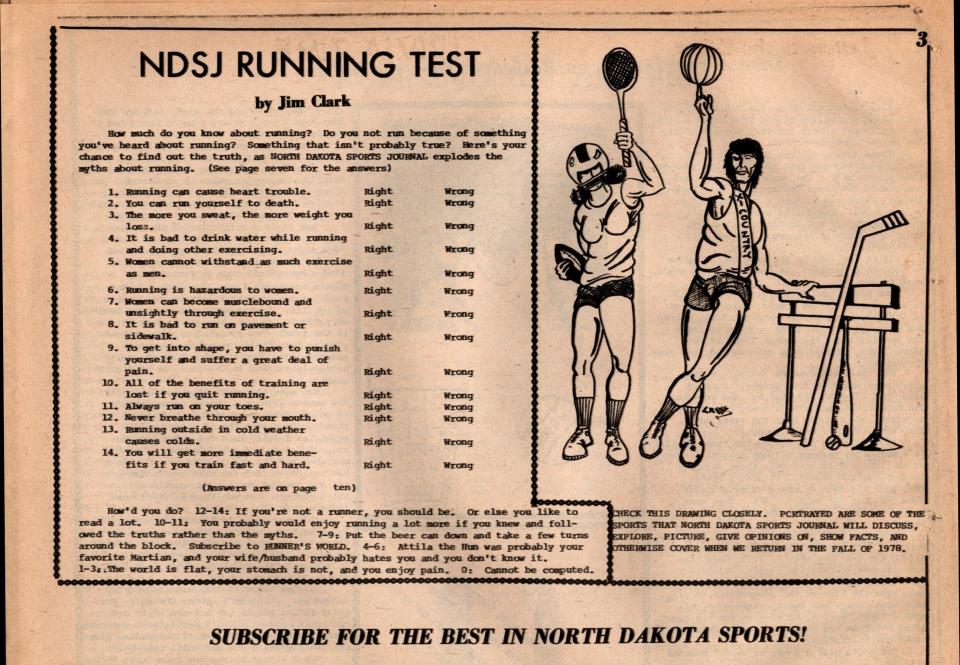 One of the quizzes shown in the North Dakota Sports Journal, along with a drawing of sports activities by Diane Huwe.