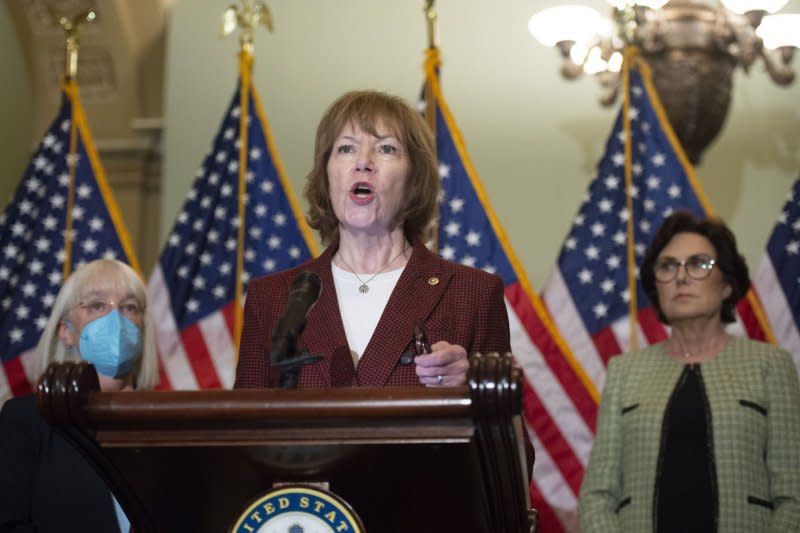 Sen. Tina Smith, D-Minn., speaks during a press conference after a weekly caucus luncheon at the U.S. Capitol in May 2022. On Tuesday, Smith said, “We should celebrate the fact we’re finally changing course from the failed, racist legacy of the War on Drugs." File Photo by Bonnie Cash/UPI