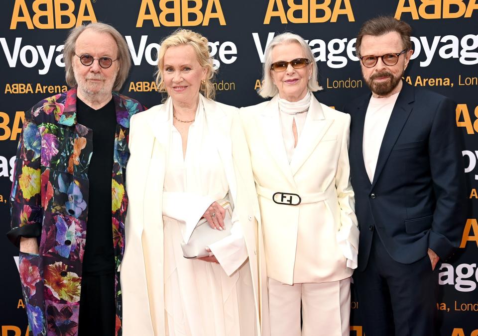 Benny Andersson, Agnetha Fältskog, Anni-Frid Lyngstad and Bjorn Ulvaeus of ABBA attend the first performance of ABBA &quot;Voyage&quot; at ABBA Arena on May 26, 2022 in London, England