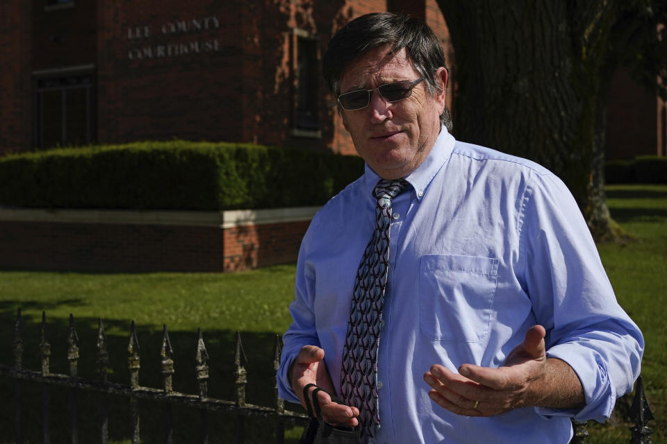 Lee County Judge Executive Chuck Caudill Jr. describes the difficulties his communities face without reliable broadband internet service in Beattyville, Ky., Wednesday, July 29, 2020. “COVID-19 has shown cracks in the system where people have been left behind,” Caudill said. (AP Photo/Bryan Woolston)