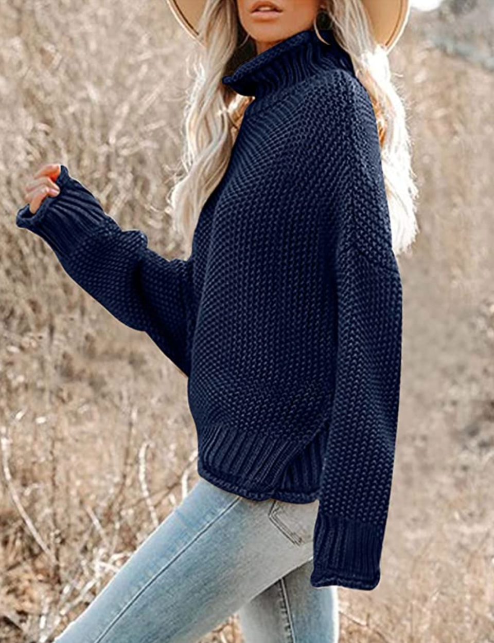 The nubby knit happens to be the perfect weight for fall. And it brings some drama in navy. (Photo: Amazon)