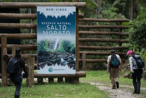 Trekkers arrive at Salto Morato Nature Reserve, in Guaraquecaba, in the southern state of Parana, Brazil, on October 23, 2012. Salto Morato, a 2,253-hectare nature reserve, was set up by Brazilian cosmetic giant Boticario's foundation in 1994. The 25 protected areas of the Atlantic Forest South-East Reserves were declared as World Heritage site by UNESCO in 1999