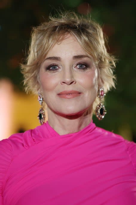 Sharon Stone smiles wearing a pink dress with puffy sleeves and large earrings