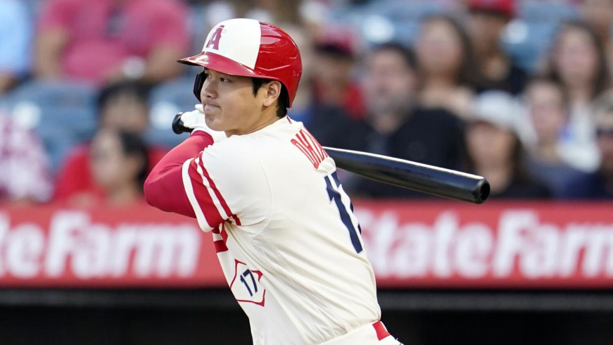 Angels star Shohei Ohtani bats against the Oakland Athletics on Tuesday.