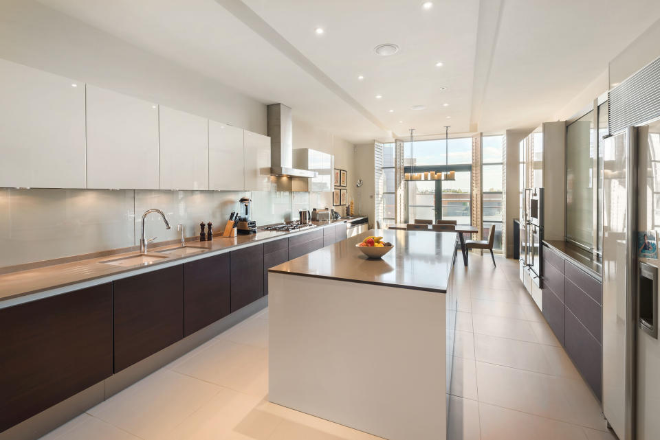 The kitchen in the duplex apartment in Knightsbridge’s Trevor Square. Photo: Lawrie Cornish