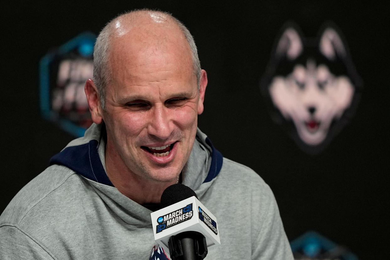 Connecticut head coach Dan Hurley speaks during a news conference at the Final Four NCAA college basketball tournament on Sunday, April 2, 2023, in Houston.