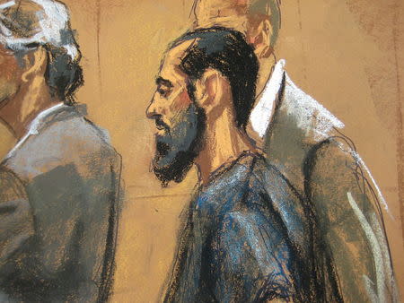 A courtroom sketch shows Saddiq al-Abbadi as he pleads guilty during a hearing in Brooklyn federal court in New York May 26, 2015. REUTERS/Jane Rosenberg