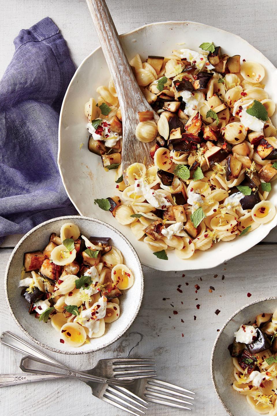 Pasta with Eggplant, Burrata, and Mint