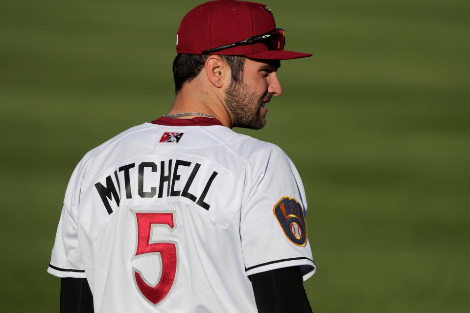 Wisconsin Timber Rattlers' Garrett Mitchell (5) warms up before playing against the Beloit Snappers Tuesday, May 4, 2021, at Neuroscience Group Field at Fox Cities Stadium in Grand Chute, Wis. Dan Powers/USA TODAY NETWORK-Wisconsin