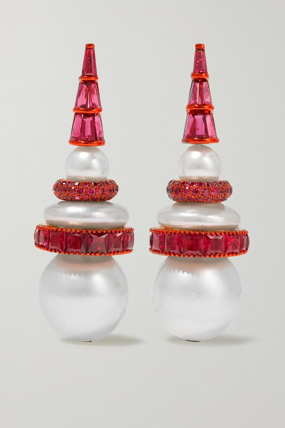 18-karat gold, pearl and ruby earrings